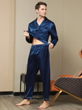 SilkSilky US Pure Silk Long Sleeve Lapel Men's Pajamas DarkBlue 009