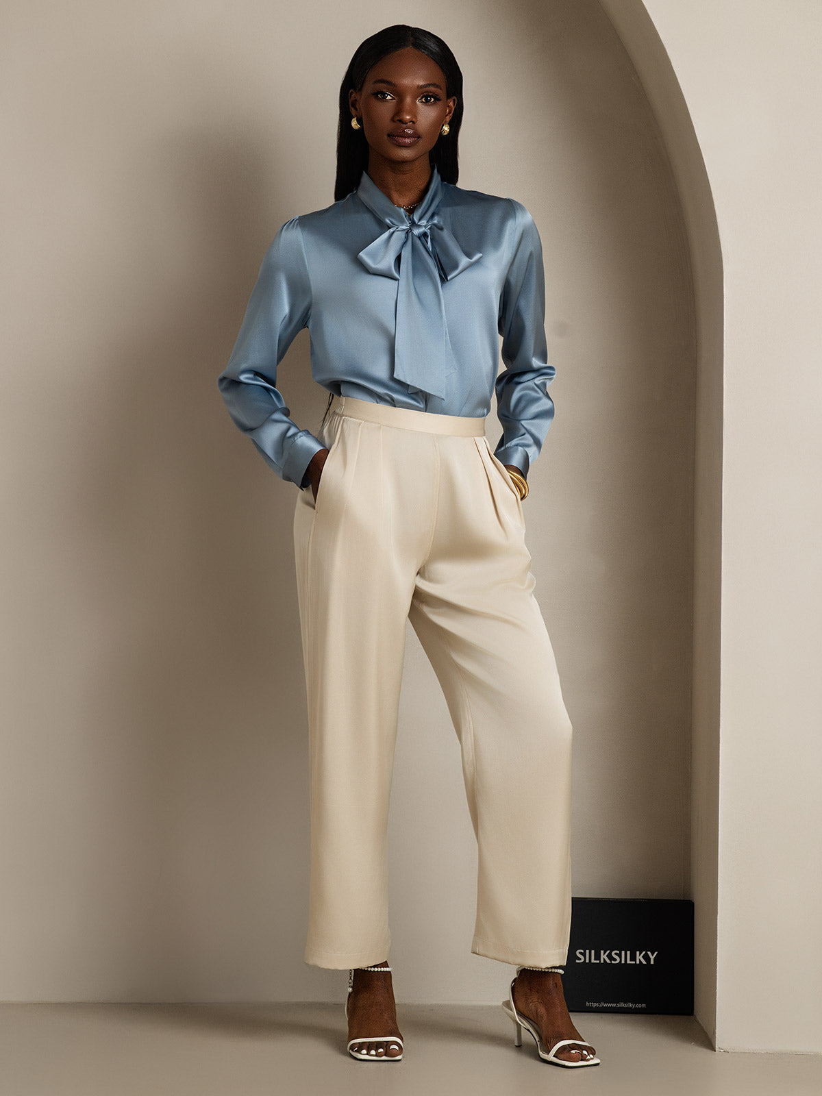 [Grayish Blue] SilkSilky 19Momme Silk Long Sleeve Tie Neck Women's Shirt 007
