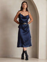 [Dark Blue] SilkSilky  19Momme Stretch Silk Charmeuse Spaghetti Strap Cowl Neck Camisole Top 006