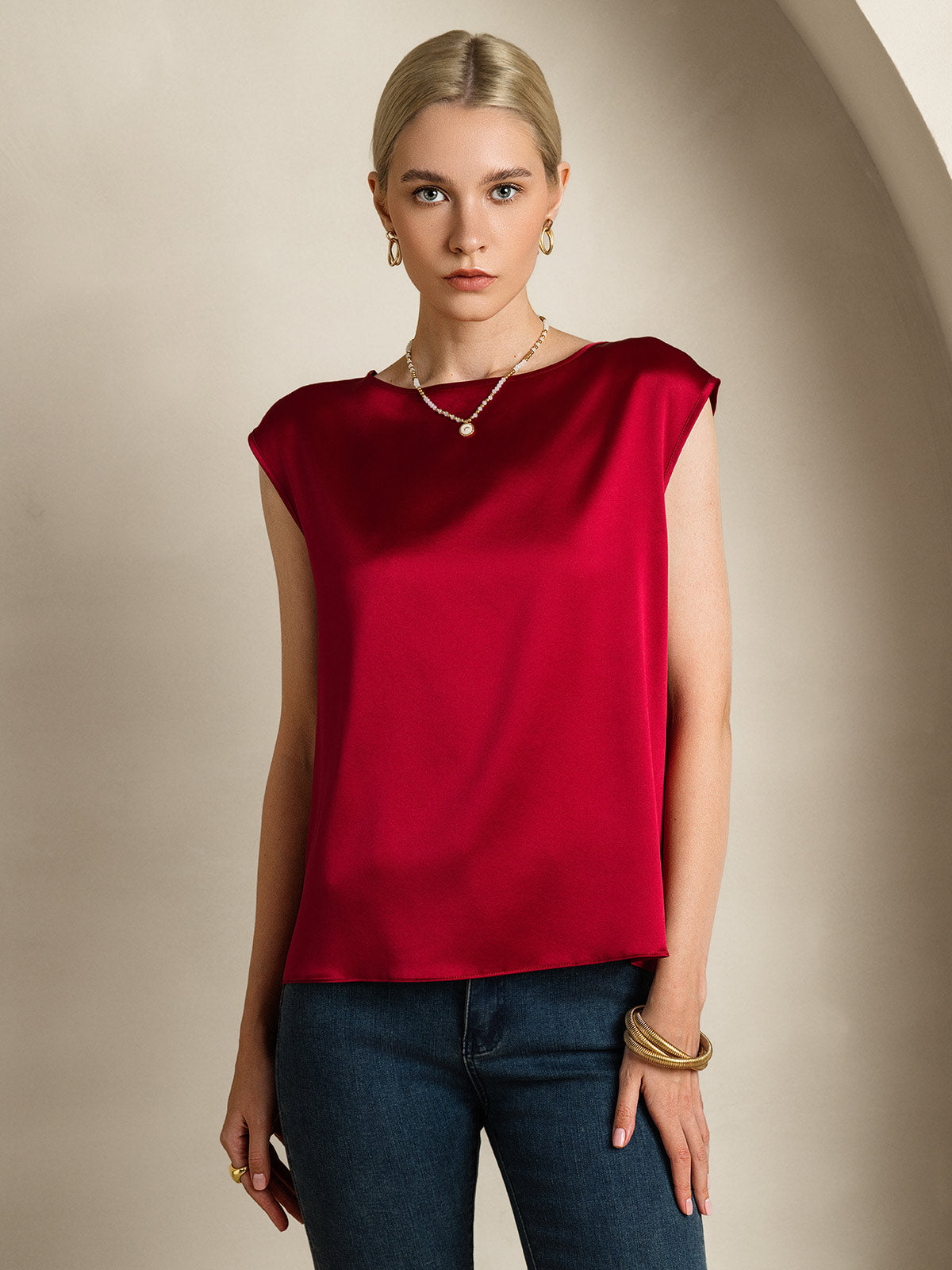 [Wine] SilkSilky  19Momme Silk Round Neck Women's T-Shirt 004