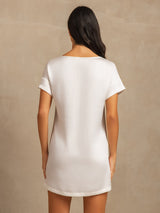 [White] SilkSilky  19Momme Machine-Washable Silk Short Sleeve Round Neck Nightgown 002