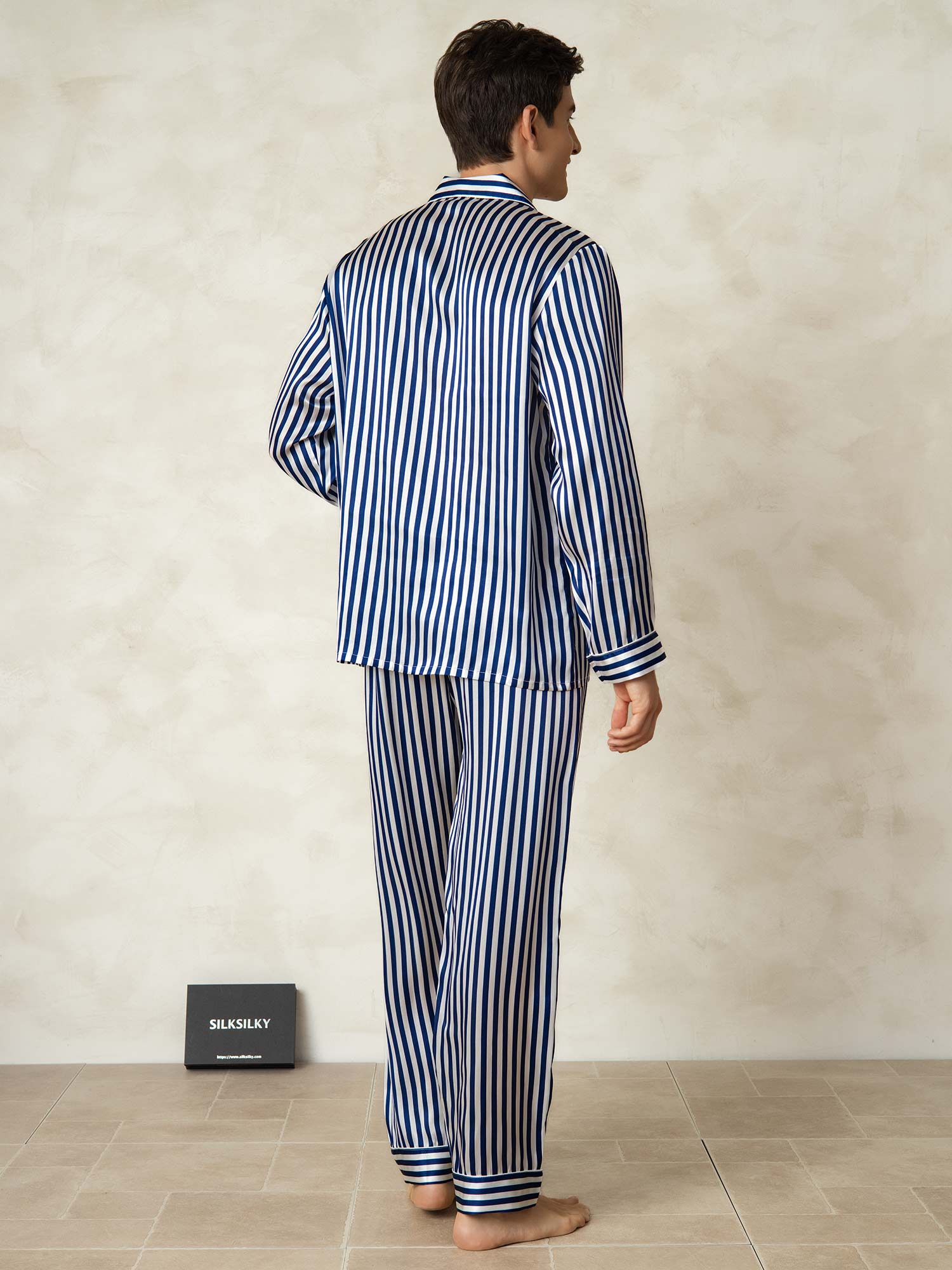 [Navy Stripe] SilkSilky  19Momme Pure Silk Mens Pajamas 002