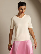 [Beige] SilkSilky  Short Sleeve V Neck Women's T-Shirt 005