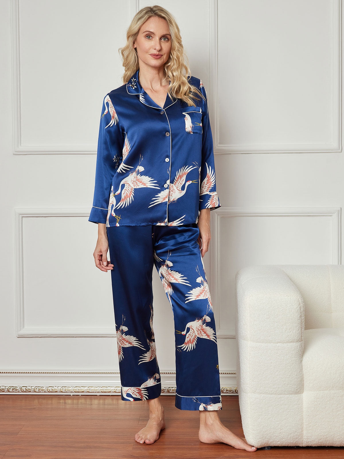 SilkSilky US 19Momme Pure Silk Long Sleeve Lapel Women's Pajamas DarkBlue 003