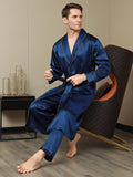 SilkSilky US Pure Silk Long Sleeve Lapel Men's Robe DarkBlue 007