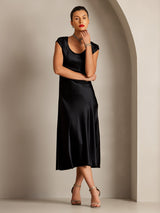 [Black] SilkSilky  19Momme Stretch Silk Charmeuse Cap Sleeve Scoop Neck Dress 004