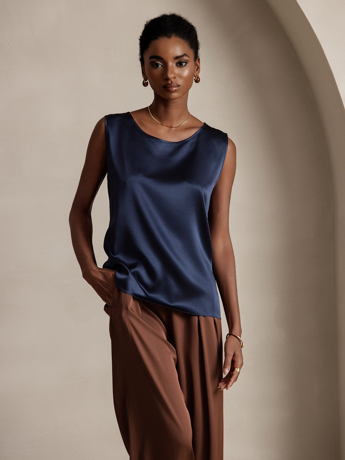 [Dark Blue] SilkSilky  19Momme Silk Round Neck Camisole Top 001