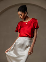 [Wine] SilkSilky  19Momme Stretch Silk Charmeuse Short Sleeve Boat Neck Women's T-Shirt 005
