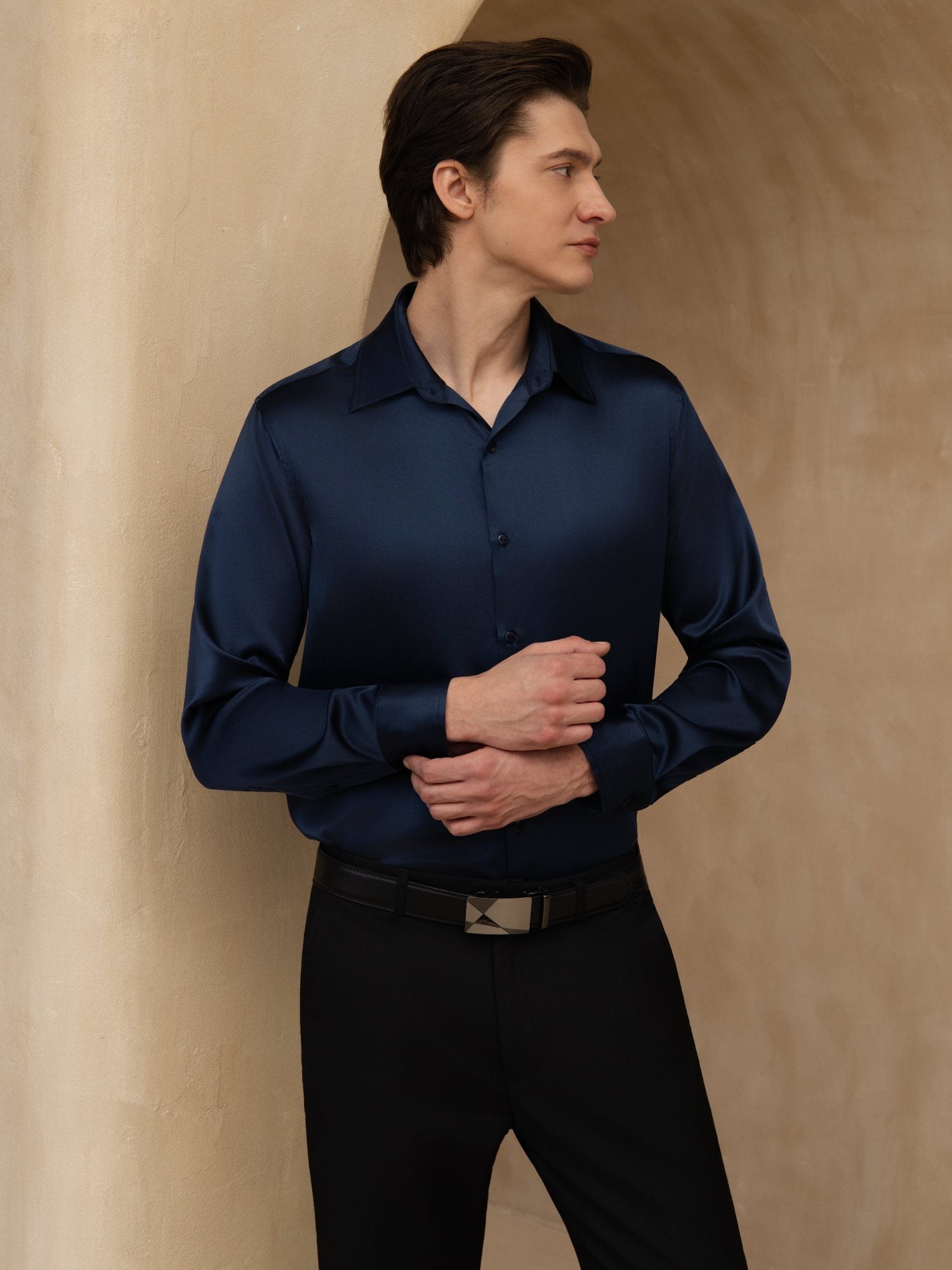 SilkSilky 19Momme Silk Men's Long Sleeve Lapel Collar Classic Business Shirt, Dark Blue / M(38)