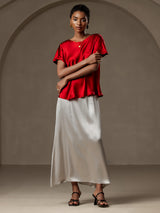 [Wine] SilkSilky  19Momme Stretch Silk Charmeuse Short Sleeve Boat Neck Women's T-Shirt 007