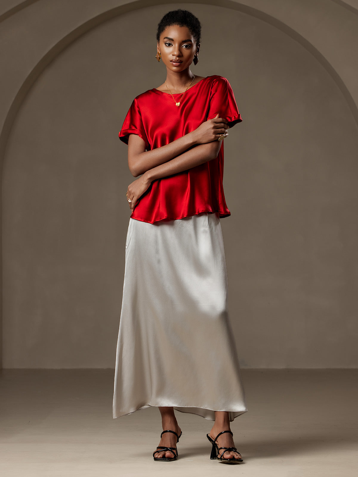 [Wine] SilkSilky  19Momme Silk Round Neck Women's T-Shirt 007,