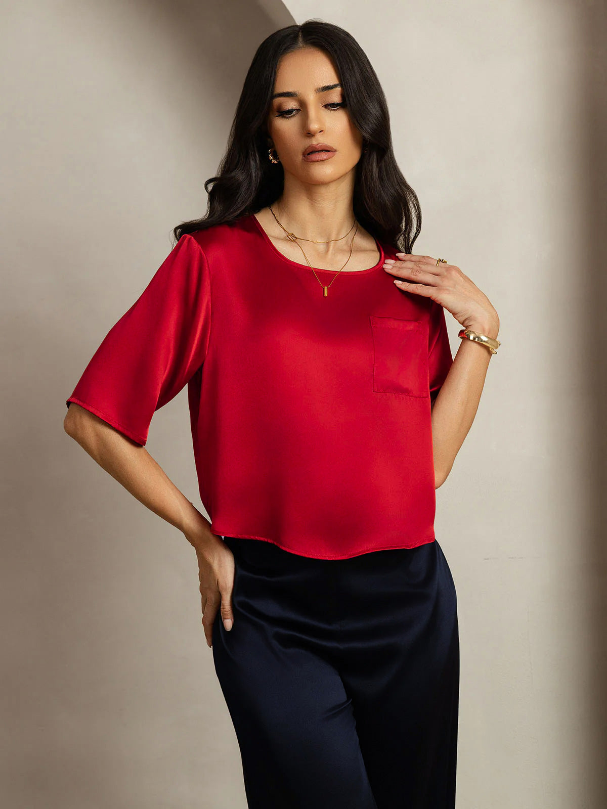 [Dark Red] SilkSilky  Pure Silk Boat Neck Women's T-Shirt 005
