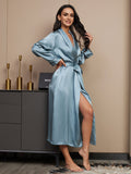 SilkSilky US 19Momme Pure Silk Long Sleeve Womens Robe GrayishBlue 004