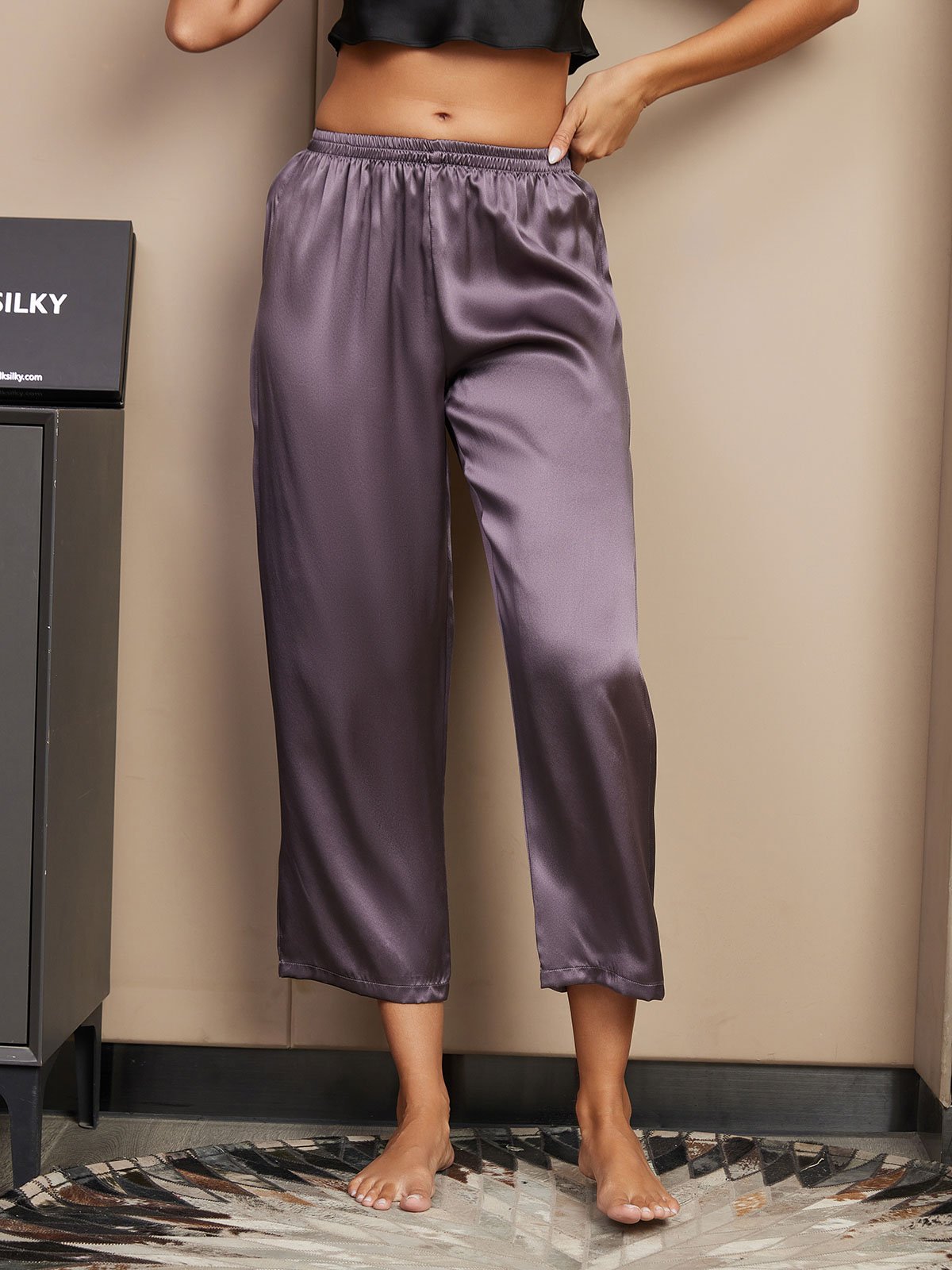 [Purple Gray] SilkSilky  Pure Silk Womens Sleep Bottoms 001