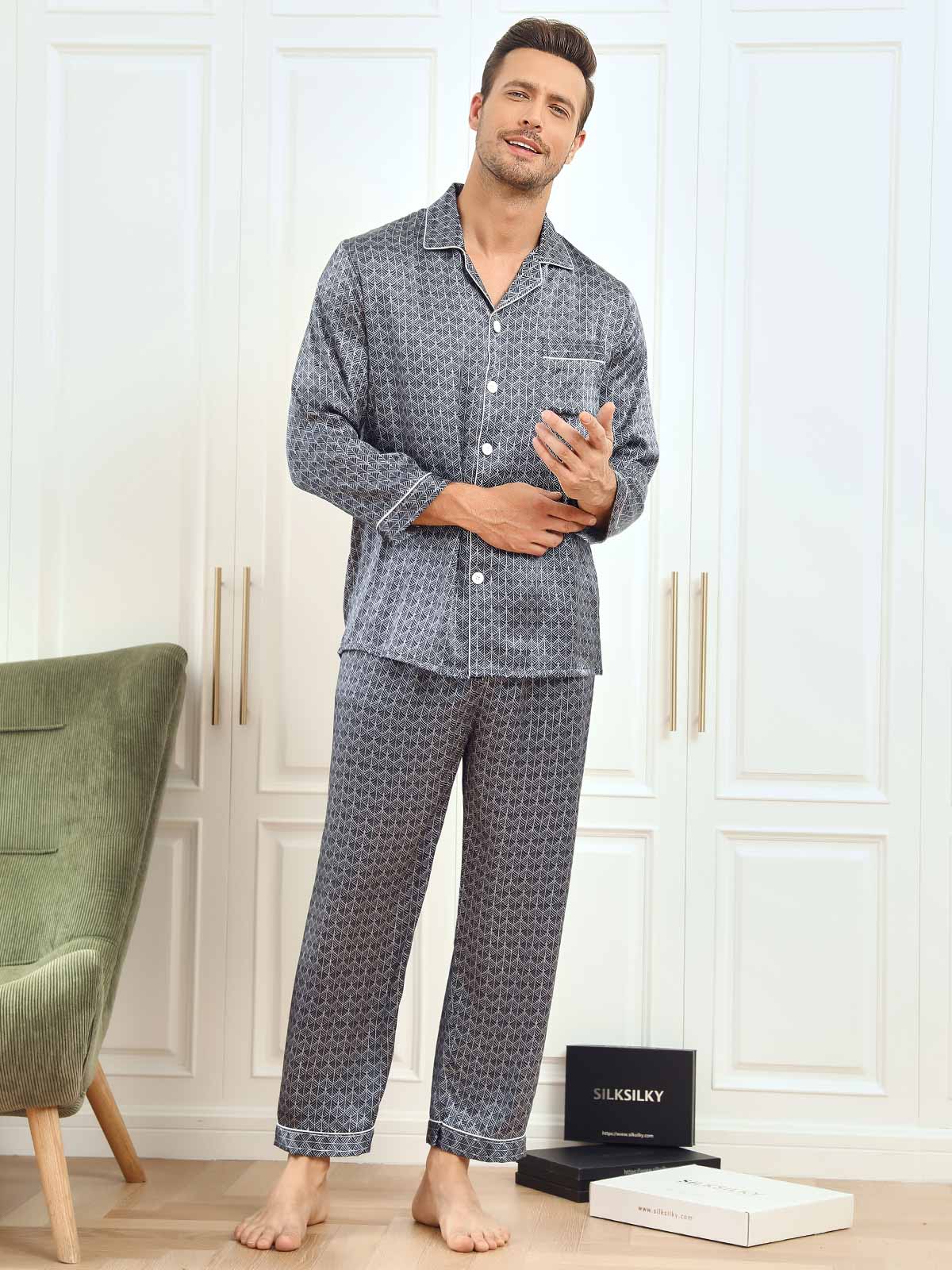 [Navy Ginkgo] SilkSilky  19Momme Pure Silk Mens Pajamas 006
