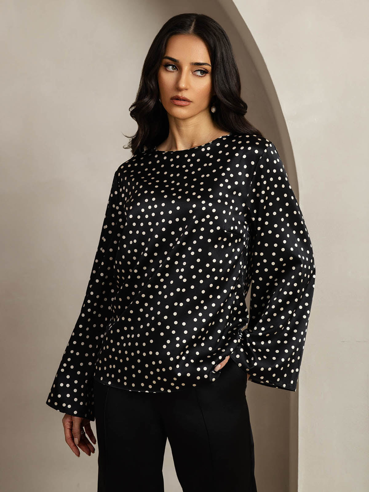 [Polka Dot] SilkSilky  19Momme Silk Round Neck Women's T-Shirt 001