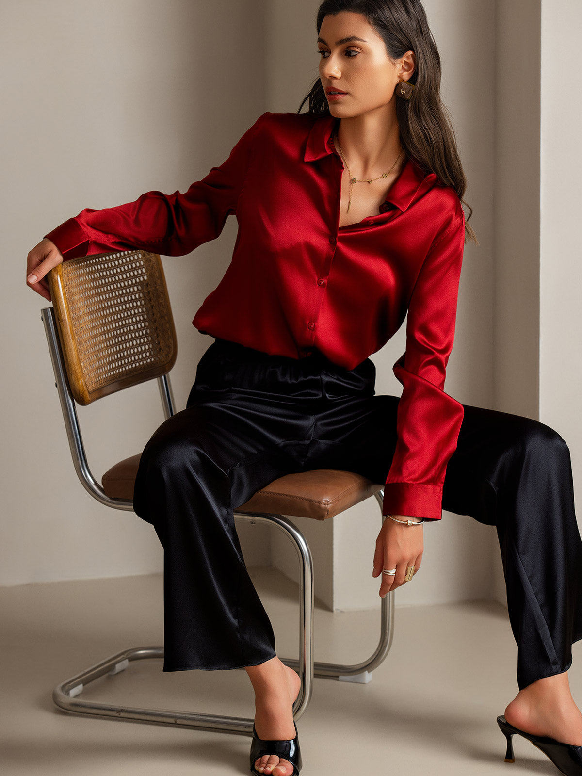 [Red] SilkSilky  Silk Lapel Collar Women's Shirt 001