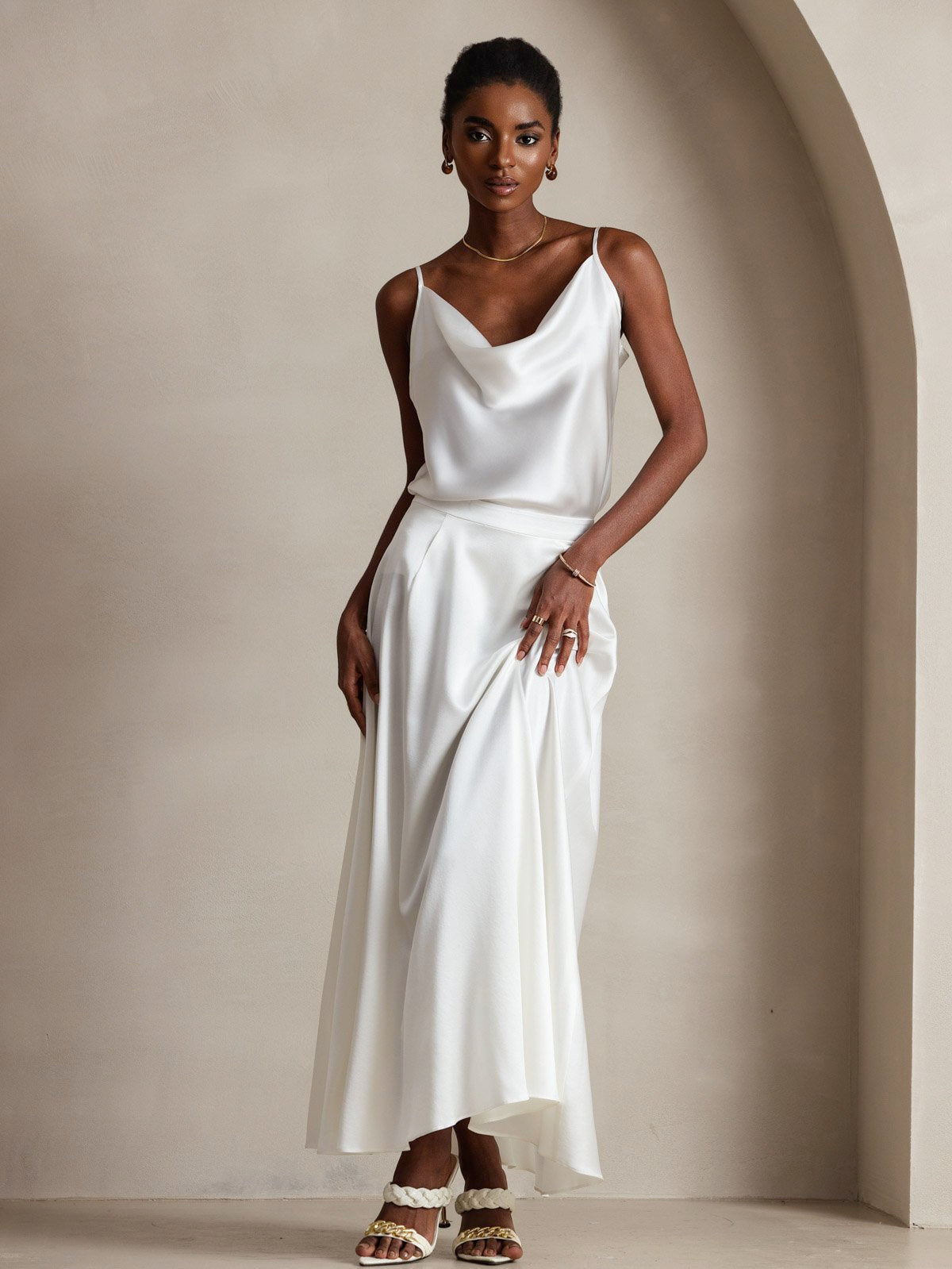 SilkSilky 19Momme Silk Spaghetti Strap Cowl Neck Camisoles Top, White / XS(4)