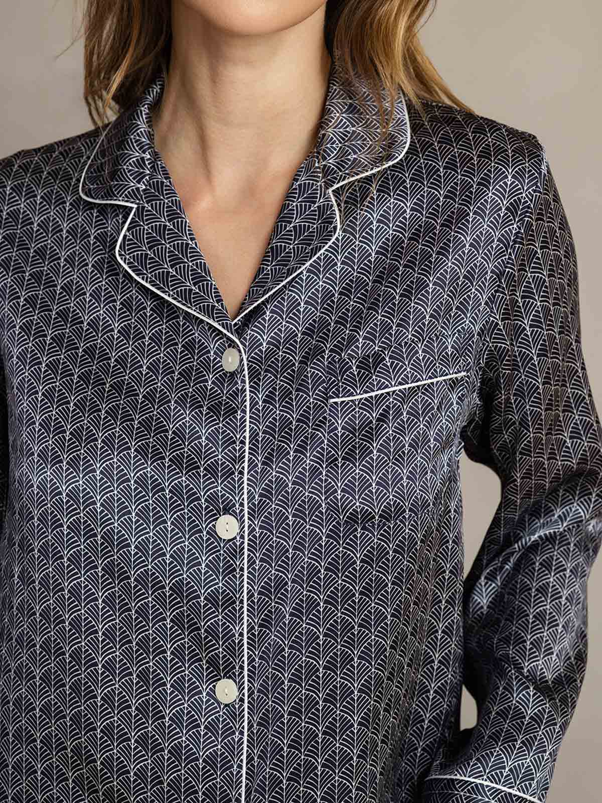 [Navy Ginkgo] SilkSilky  Pure Silk Womens Pajamas 006