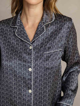 [Navy Ginkgo] SilkSilky  Pure Silk Notch Collar Women's Pajamas 006,