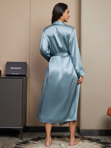 [Grayish Blue] SilkSilky  19Momme Stretch Silk Charmeuse Long Sleeve Women's Robe 002