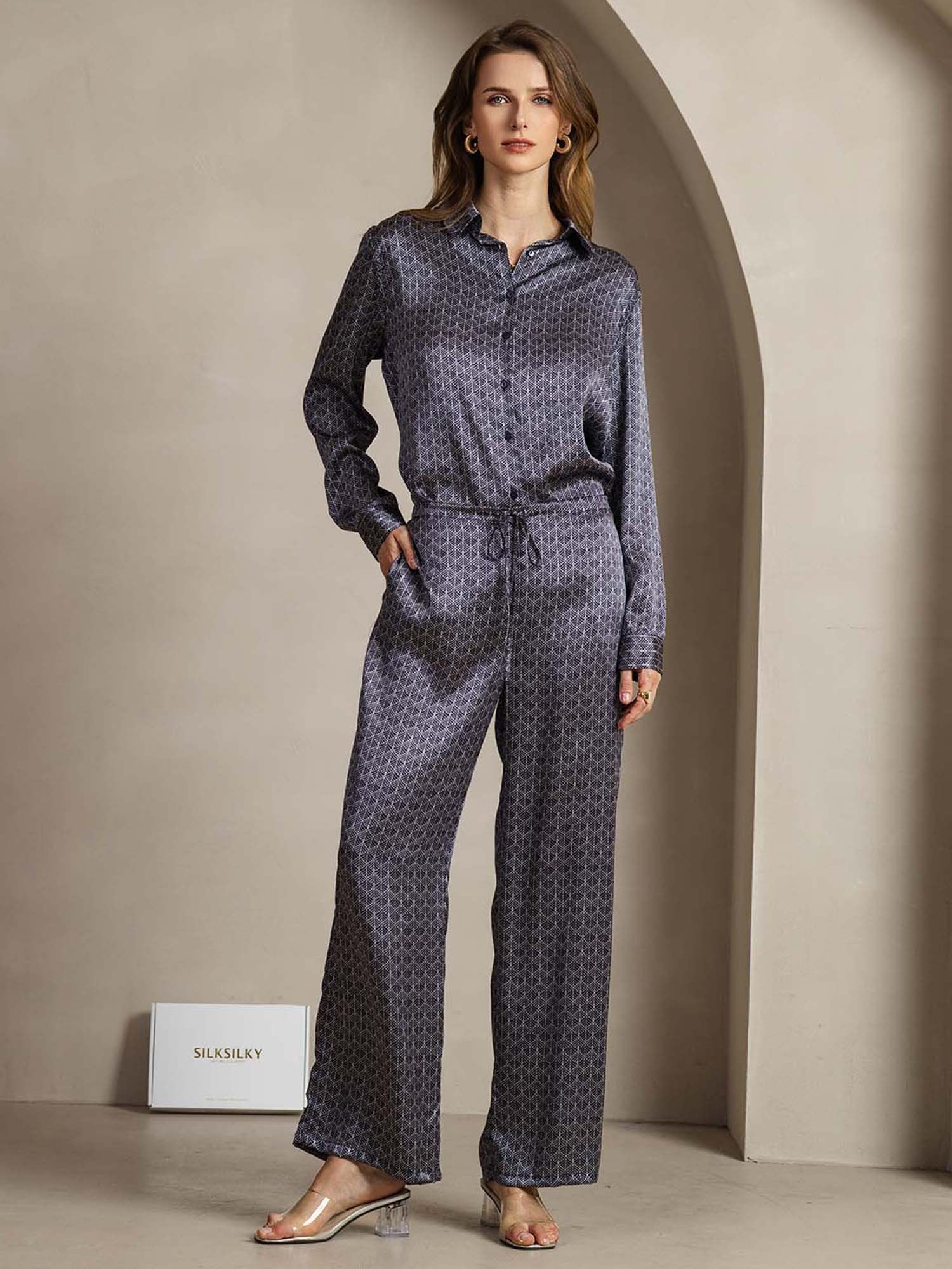 [NavyGinkgo] SilkSilky 19Momme Silk Lapel Collar Women''s Outfit Sets 001