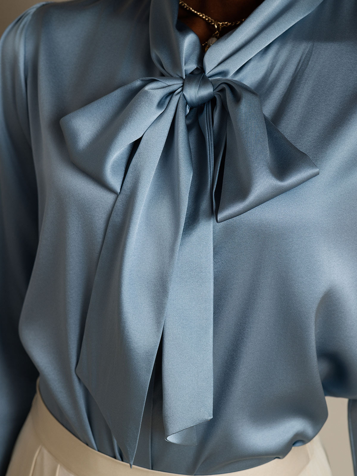 [Grayish Blue] SilkSilky 19Momme Silk Long Sleeve Tie Neck Women's Shirt 008