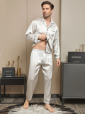 SilkSilky US 19Momme Pure Silk Long Sleeve Lapel Men's Pajamas LightGray 005