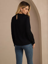 [Black] SilkSilky Long Sleeve Keyhole Neck Women's Blouse 002