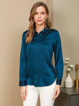 [Teal] SilkSilky  19Momme Stretch Silk Charmeuse Long Sleeve Lapel Collar Women's Shirt 001