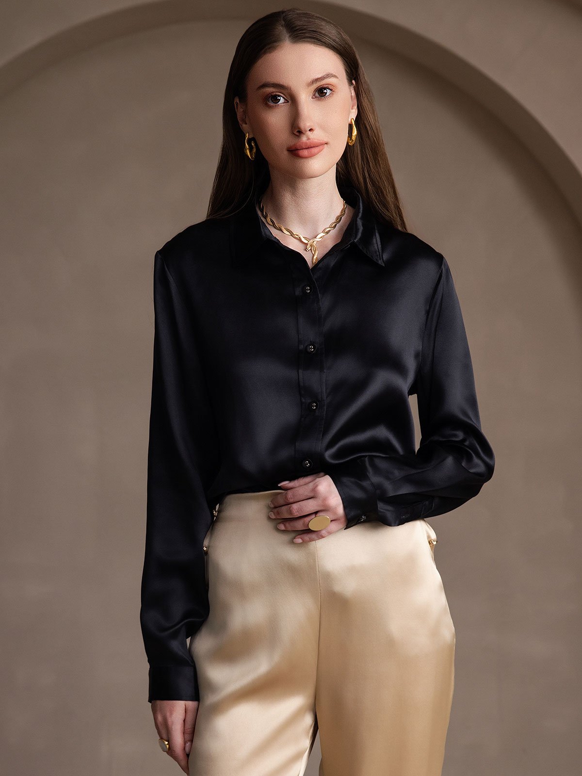 SilkSilky  19Momme Silk Long Sleeve Collar Women's Shirt Black 005