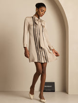 [Tan] SilkSilky 19Momme Silk Long Sleeve Tie Neck Dress 007