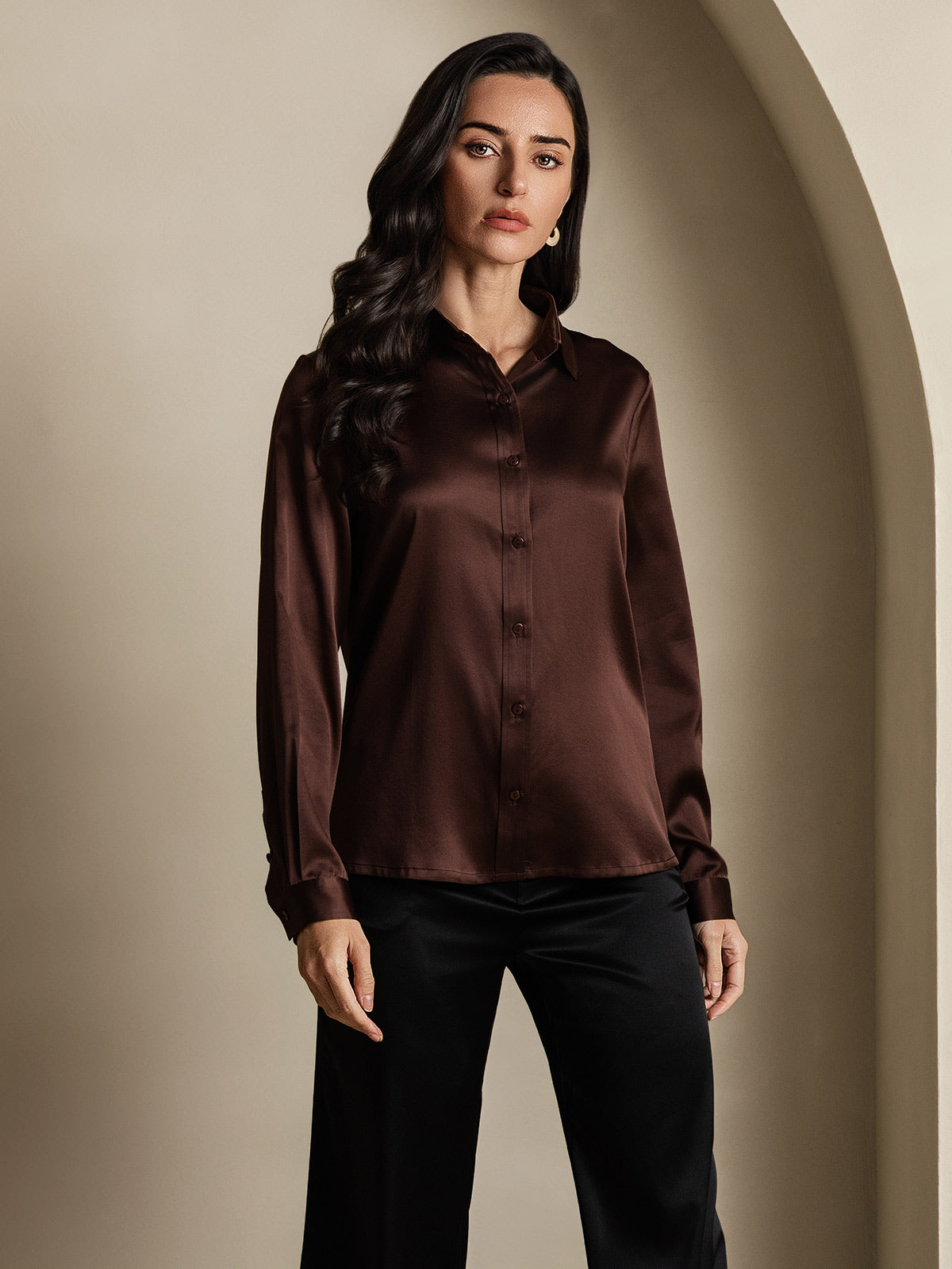 SilkSilky  19Momme Silk Long Sleeve Collar Women's Shirt Coffee 001