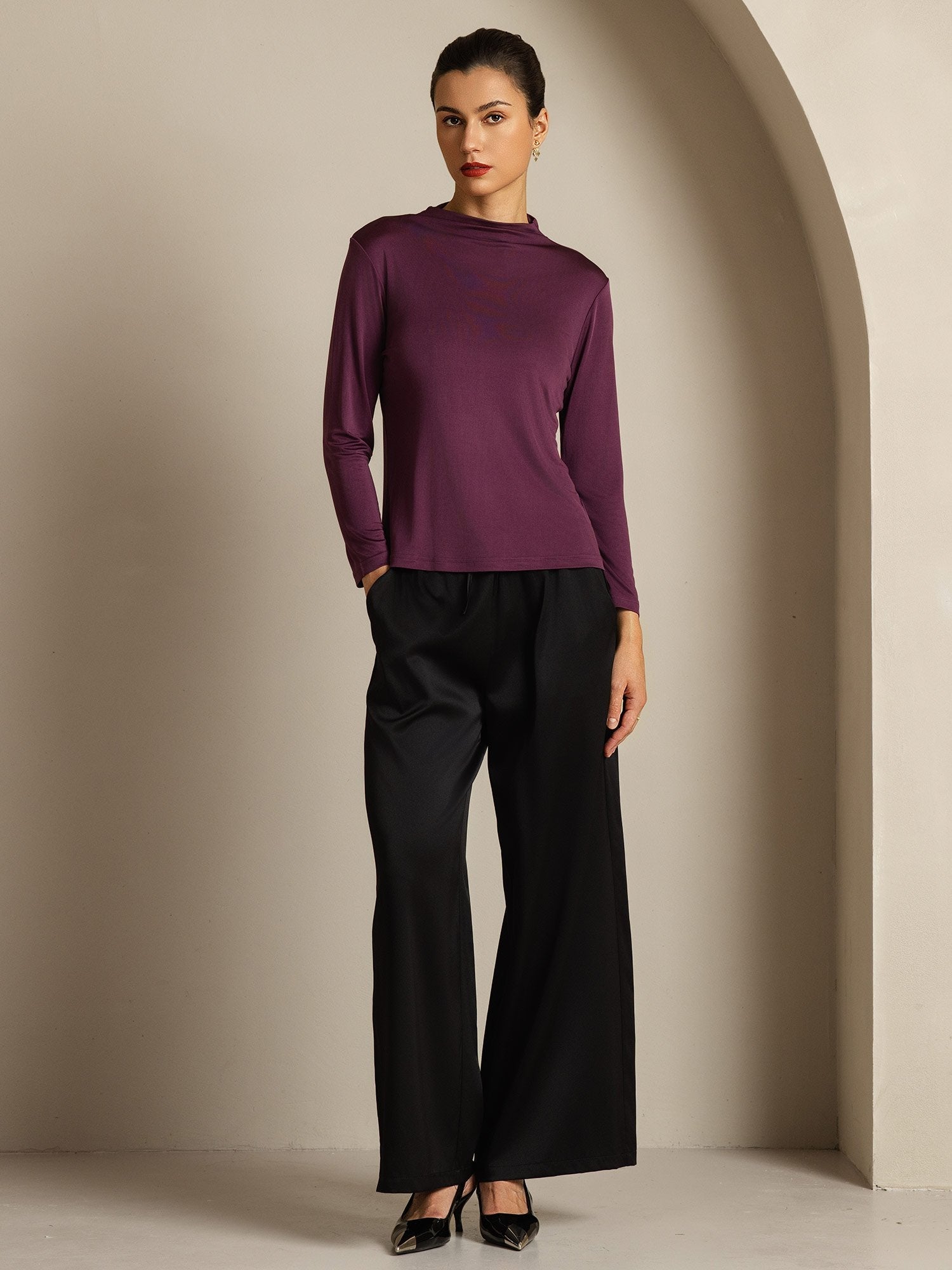 [Purple] SilkSilky  Pure Silk High Neck Women's T-Shirt 008