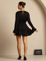 [Black] SilkSilky  19Momme Silk Long Sleeve Round Neck Dress 002