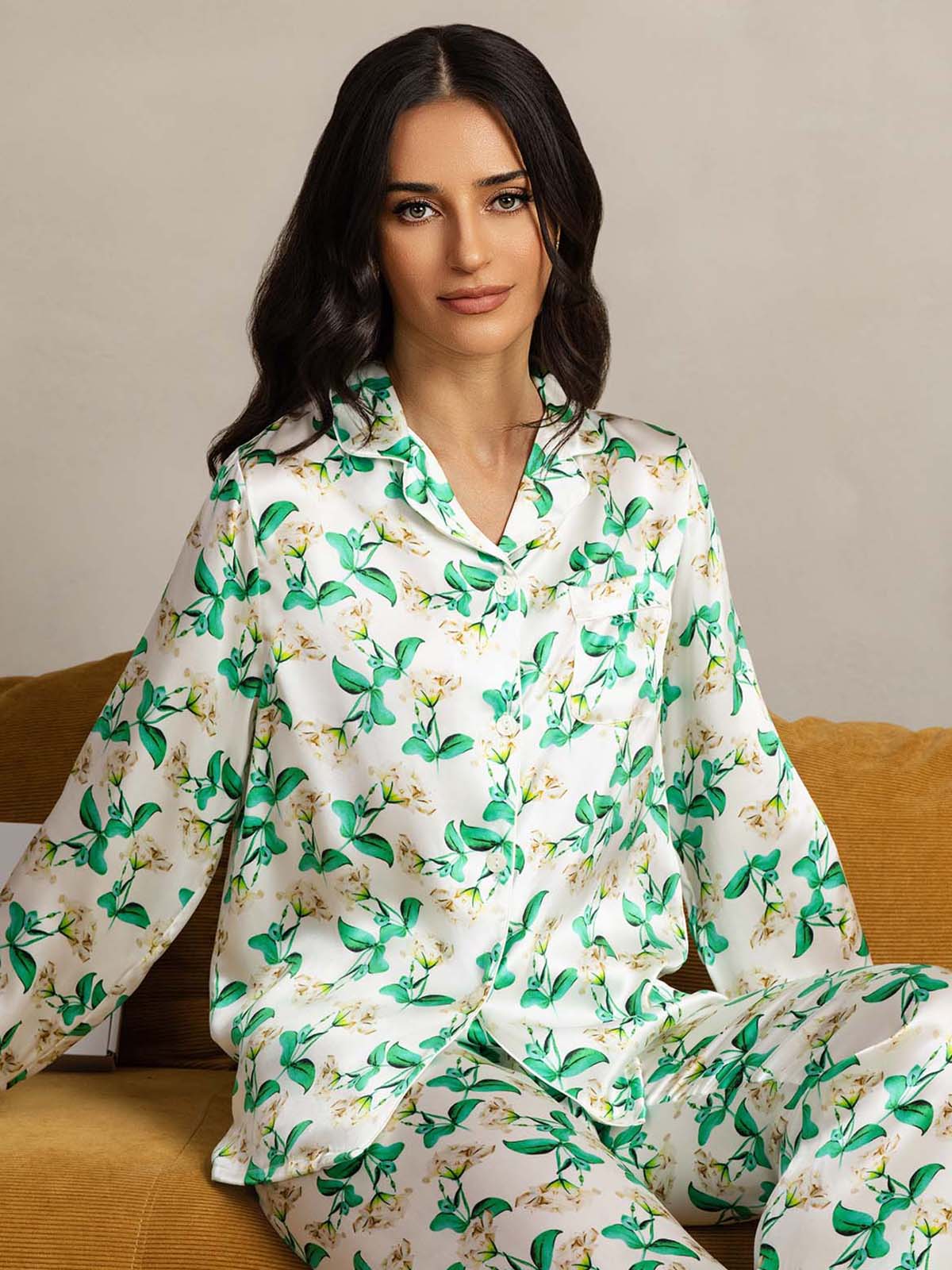 [Green Floral] SilkSilky  Pure Silk Womens Pajamas 006
