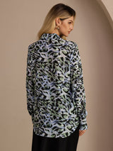 [Teal Leopard] SilkSilky Long Sleeve Lapel Collar Blouse 002