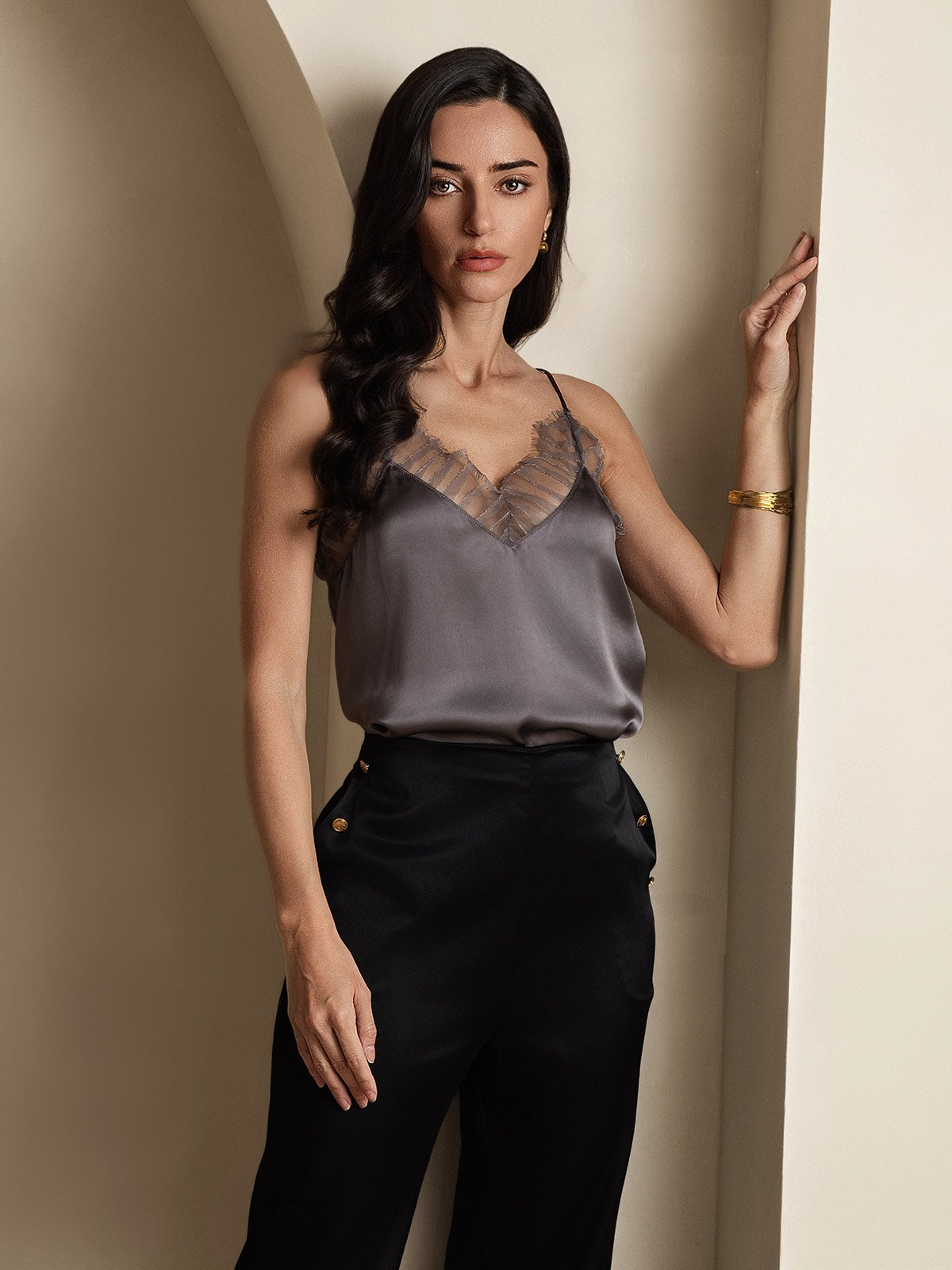 SilkSilky Silk Deep V Neck Camisole Top PurpleGray 005
