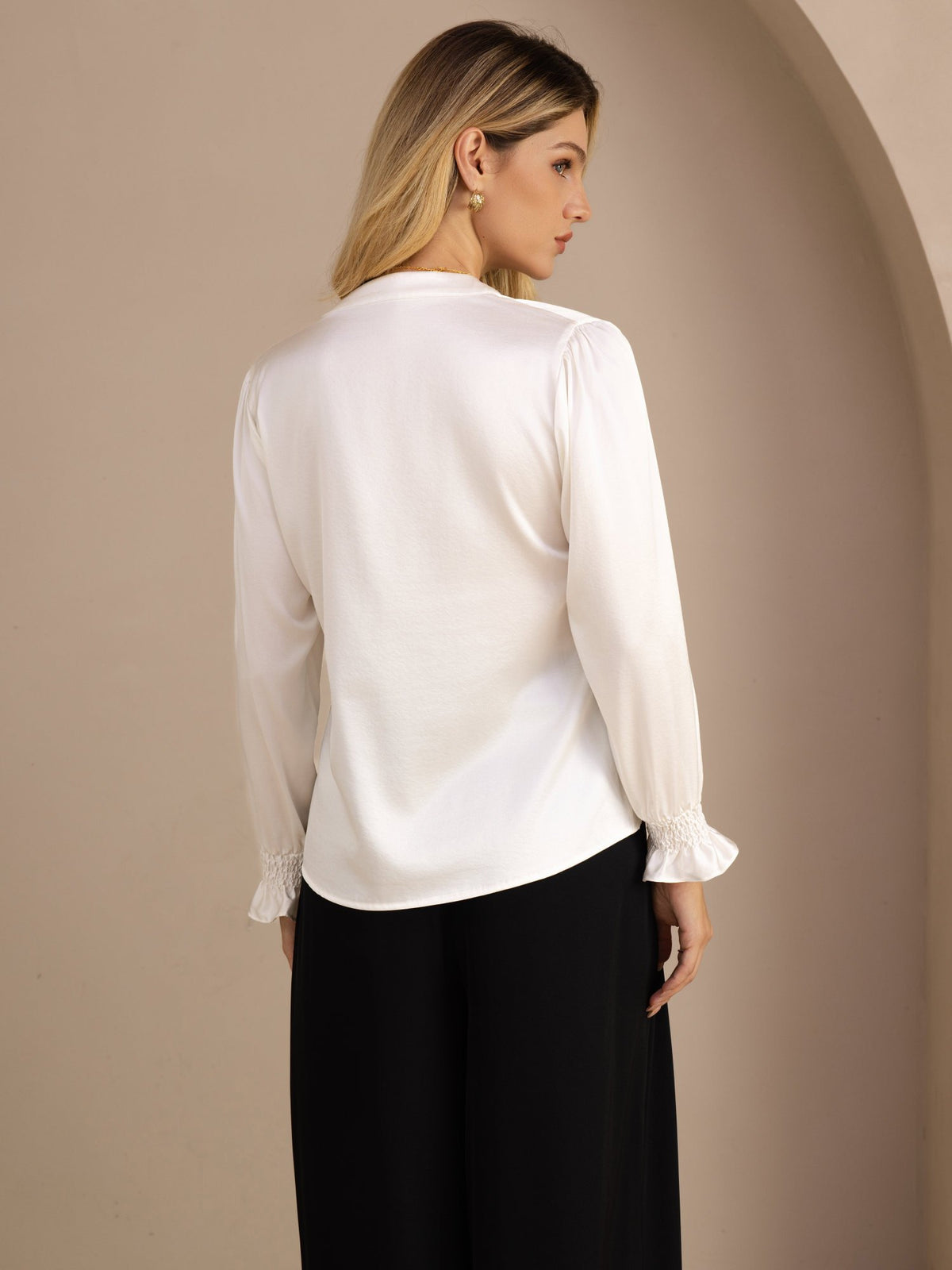 [White] SilkSilky  Long Sleeve Split Women's Blouse 002