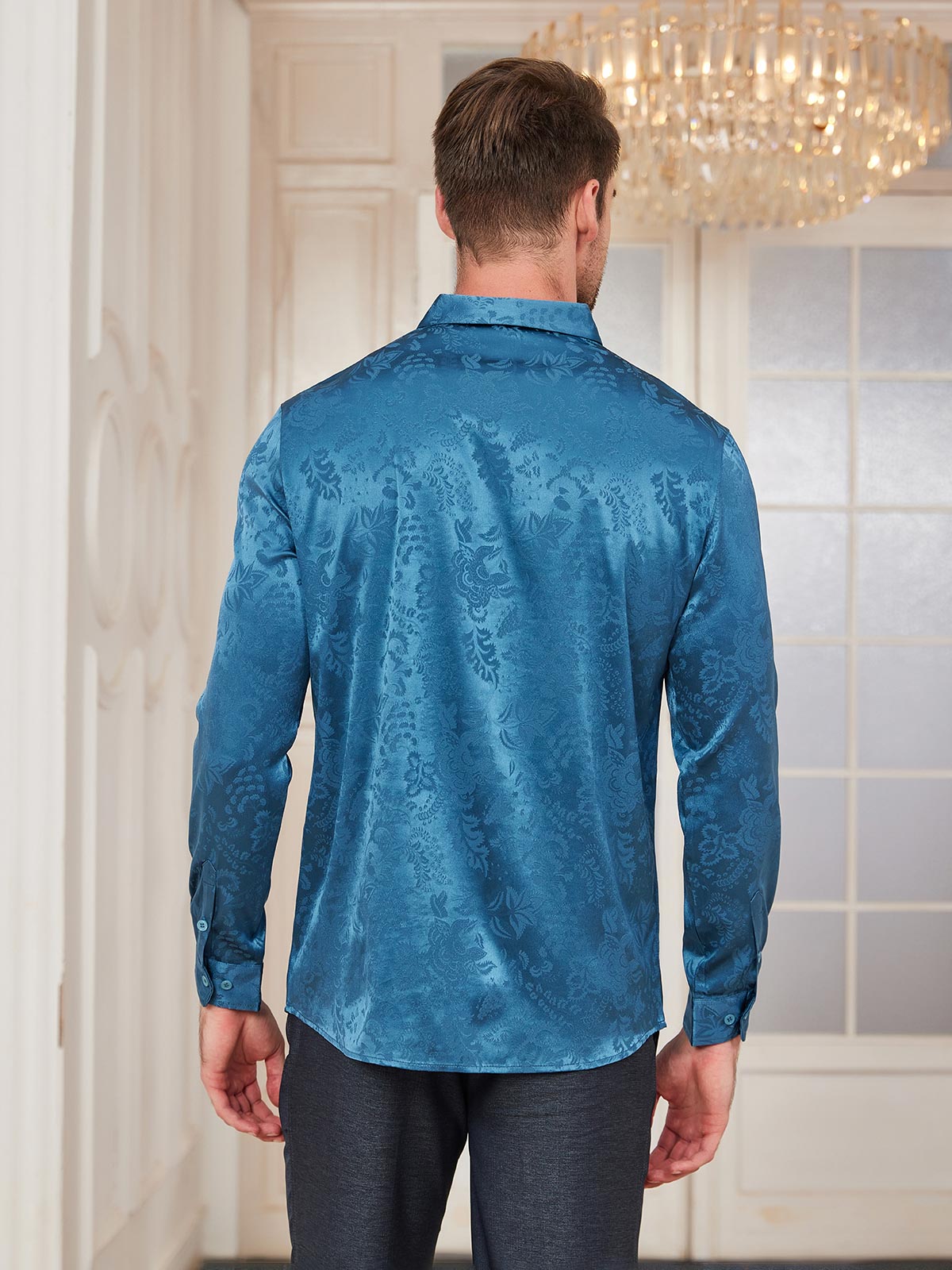 SilkSilky US Silk Blend Long Sleeve Collar Men's Shirt Teal 002