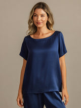 [Dark Blue] SilkSilky  19Momme Machine-Washable Silk Short Sleeve Women's Pajamas 007