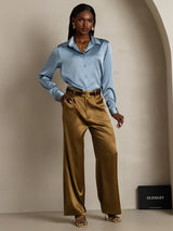 [Grayish Blue] SilkSilky  19Momme Stretch Silk Charmeuse Long Sleeve Lapel Collar Women's Shirt 007
