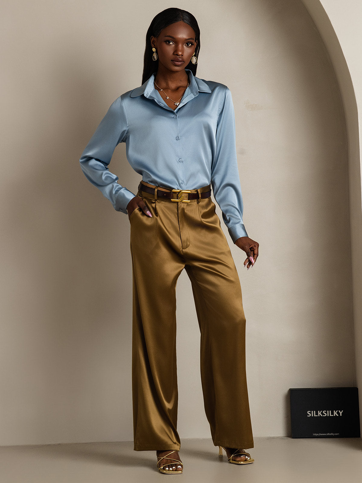 [Grayish Blue] SilkSilky  Silk Lapel Collar Women's Shirt 007