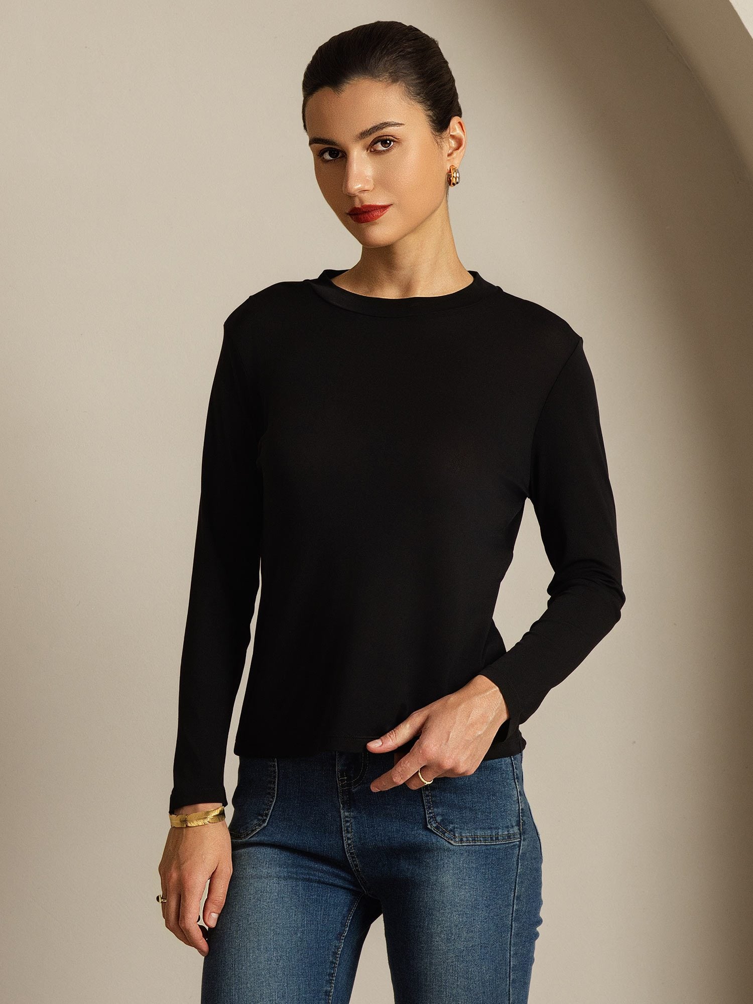 [Black] SilkSilky Pure Silk Round Neck Women's T-Shirt 008