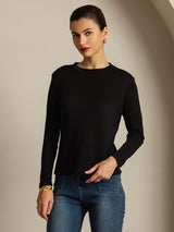 [Black] SilkSilky Pure Silk Round Neck Women's T-Shirt 008