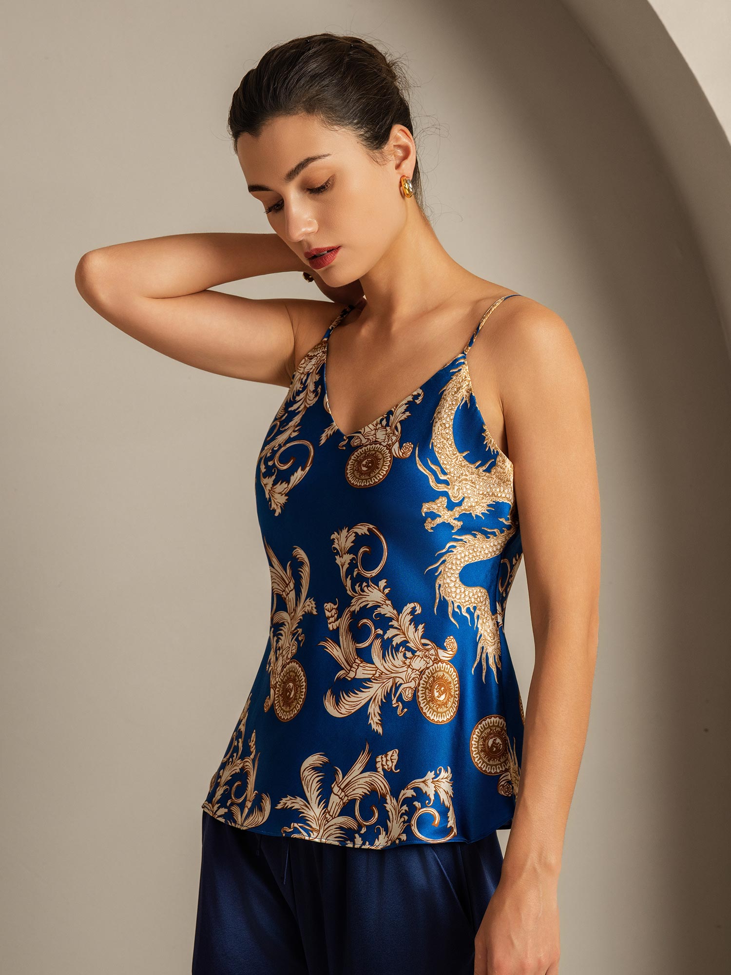 [Navy Dragon] SilkSilky  Pure Silk V Neck Camisole Top 006,