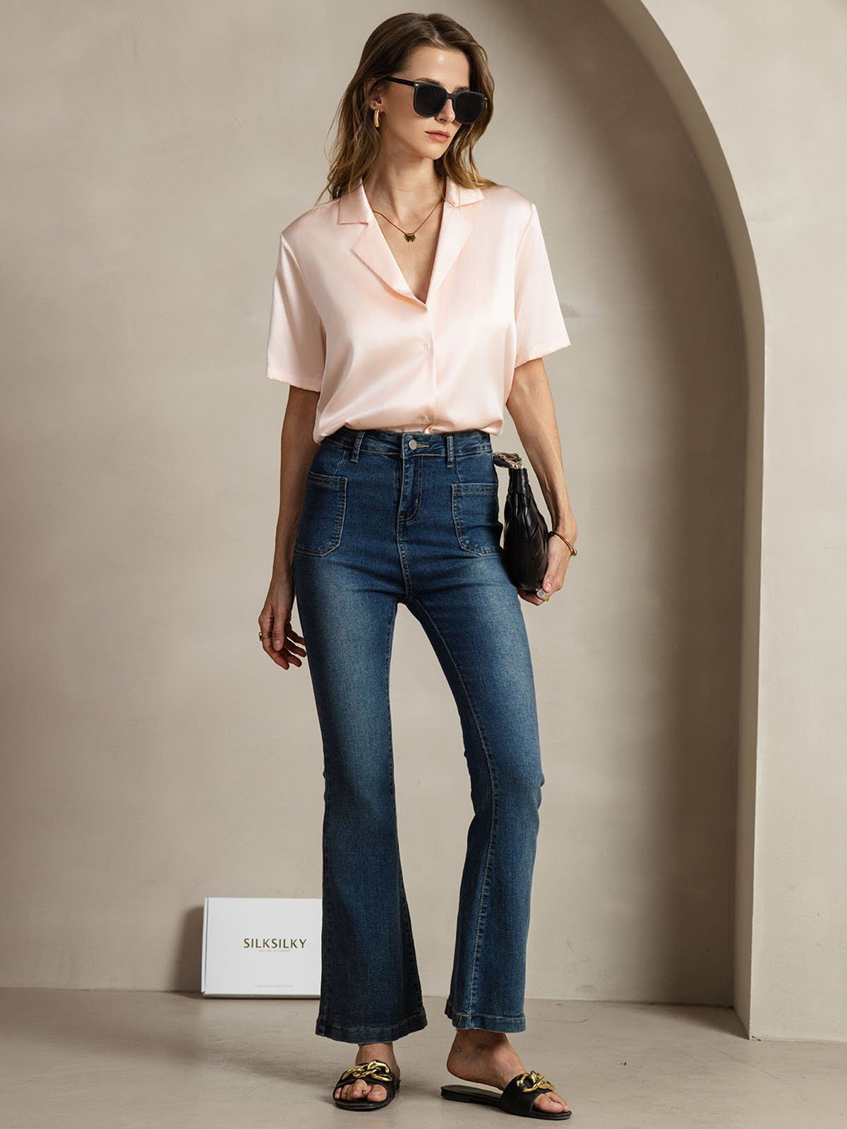 [Pink] SilkSilky 19Momme Silk Notched Neck Women's Shirt 008