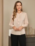 SilkSilky US 19Momme Silk Blend Long Sleeve Stand Collar Women's Shirt Beige 003