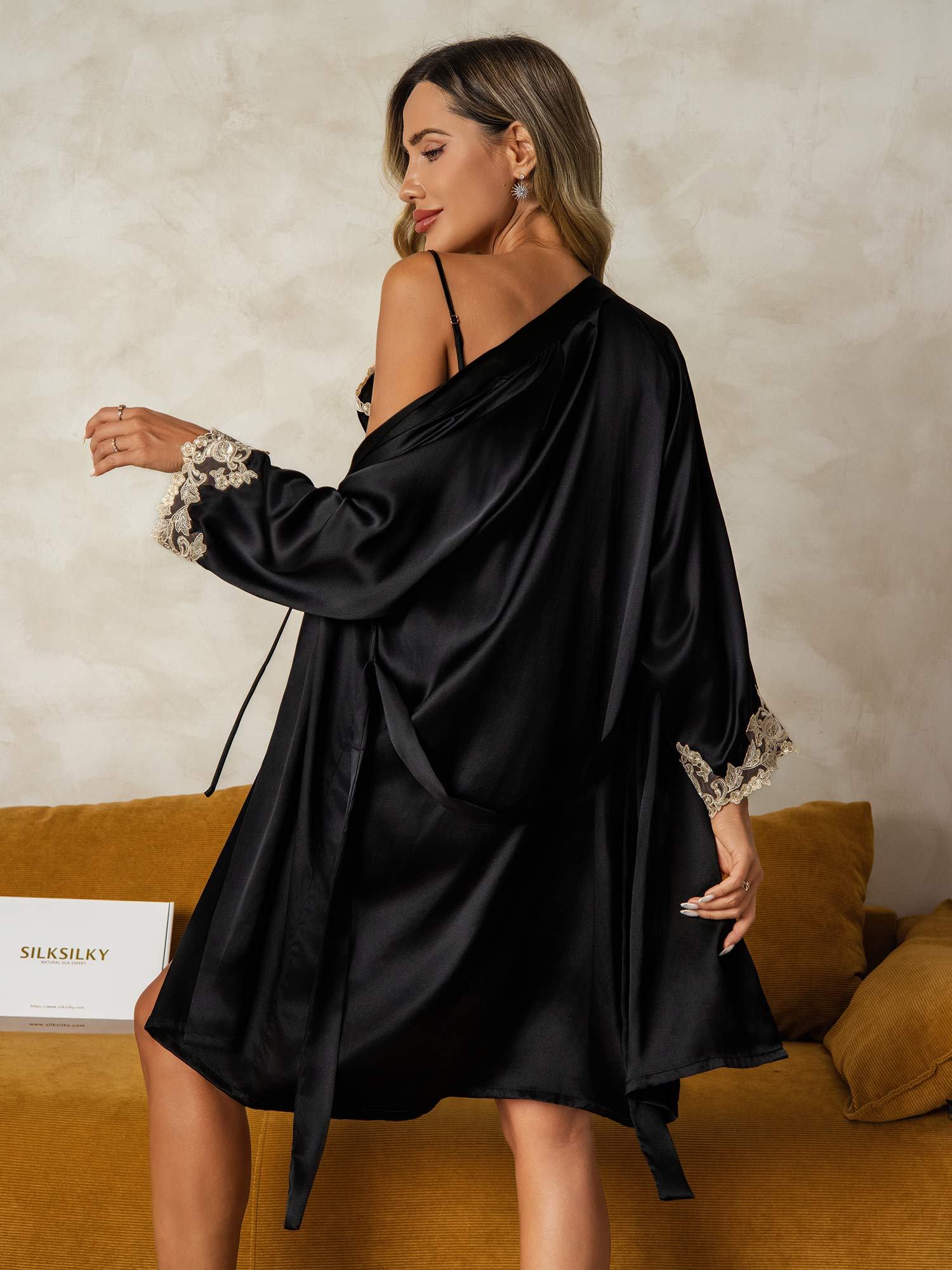 [Black] SilkSilky  Pure Silk V Neck Nightgown&Robe Set 002,
