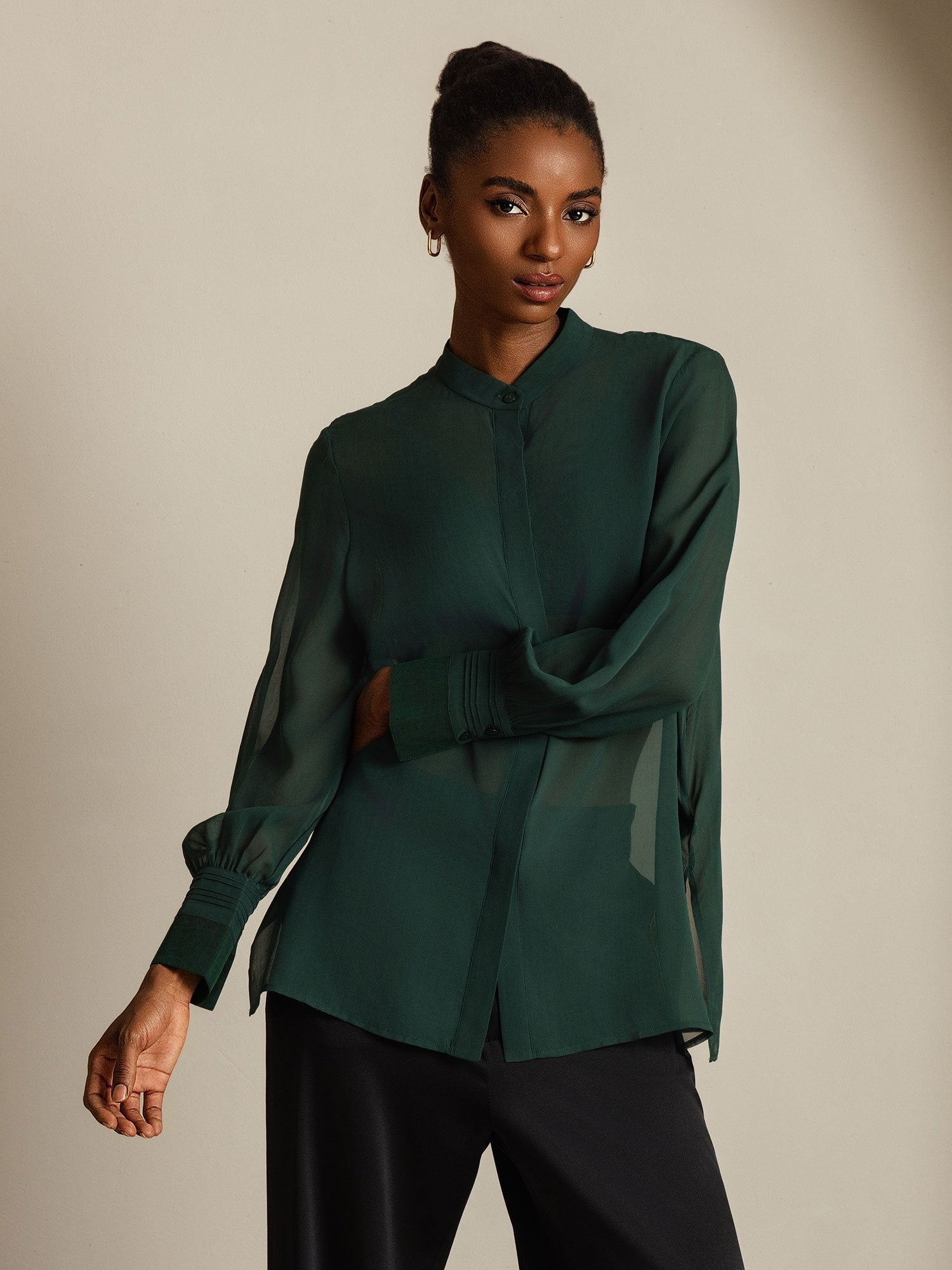 [Dark Green] SilkSilky  Pure Silk Split Women's Shirt 001